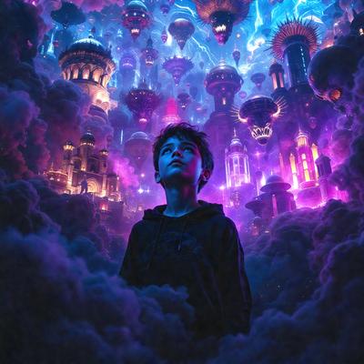 The primary subject of the image is a young boy standing in a purple, cloudy, and whimsical environment. The setting appears to be a fantasy world with floating castles and balloons. The visual style of the image is a digital art or illustration, creating a surreal and imaginative atmosphere. The dominant colors in the scene are purple and various shades of purple, which contribute to the dreamy and whimsical mood of the image.